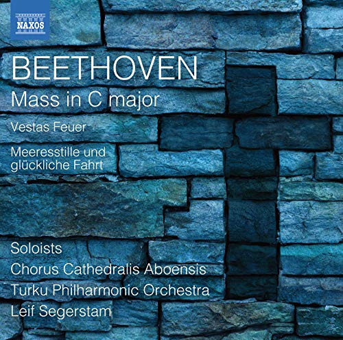 CD cover for Beethoven's Mass in C major, blue stone background.