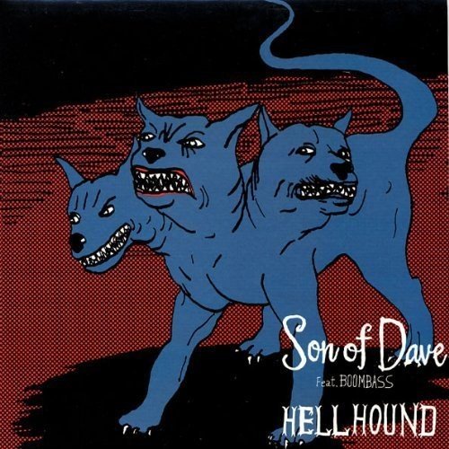 "Album cover featuring a blue, three-headed dog with sharp teeth, on red background."