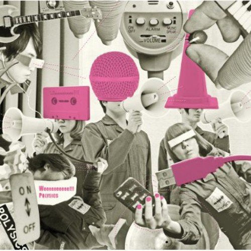 Collage of band members with pink electronic objects over black and white photos.