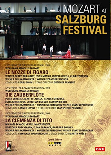 DVD cover with gold background, featuring "Mozart at Salzburg Festival" in large text.