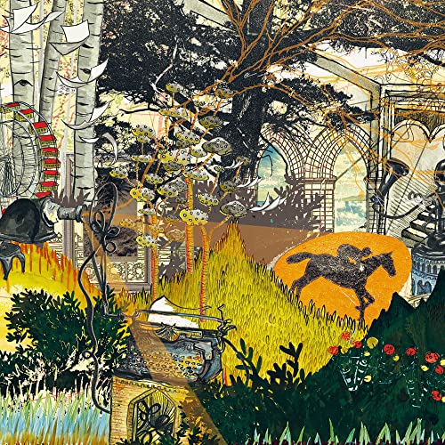 Collage of trees, architecture, a horse, and mechanical elements.