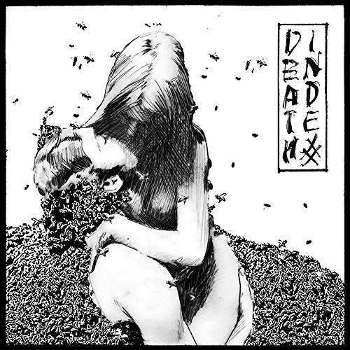 The image is a black and white illustration of a woman surrounded by flies. Alt text: Black and white CD cover with woman being consumed by flies.