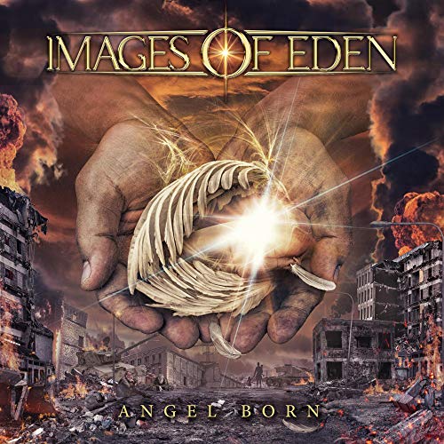 CD cover: hands holding glowing feathers over a ruined cityscape.