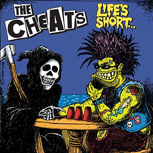 Cartoon of Grim Reaper playing beer pong with a punk rocker.