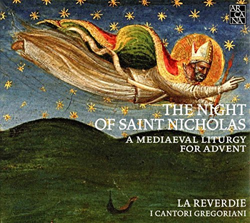 A CD cover featuring a medieval painting of Saint Nicholas flying over a landscape.