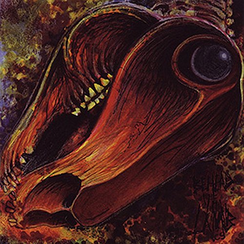 Dark, textured painting of a monstrous, open-mouthed head with one eye.