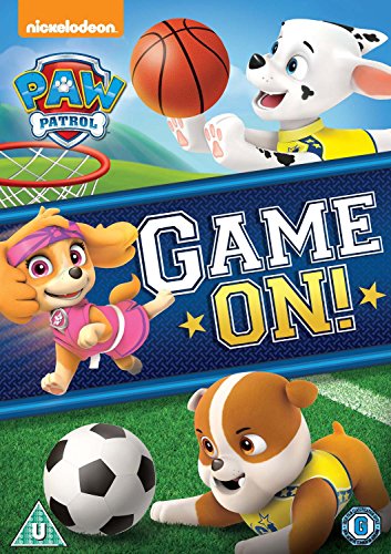 Paw Patrol characters playing basketball and soccer on a DVD cover.