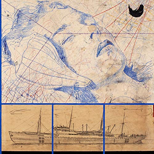 Blue sketch of a face with ships below, divided into panels.