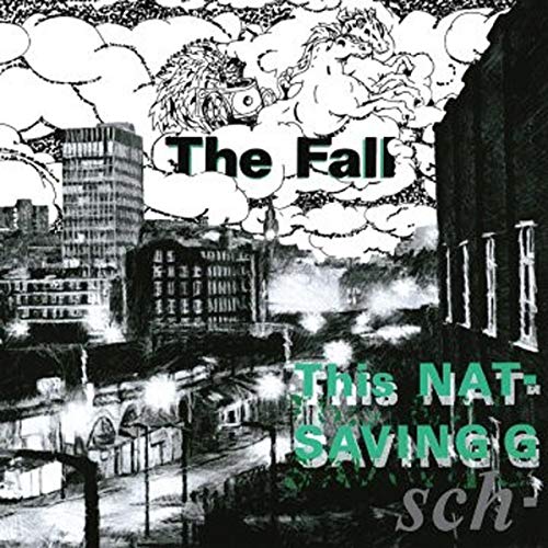 Black and white album cover for The Fall, with horses and city buildings.