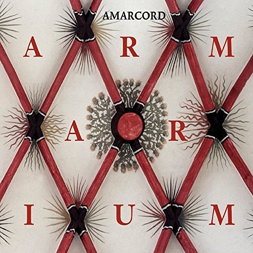CD cover with red geometric design and floral illustration.