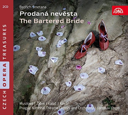 "CD cover with red shoes and flowers on muddy ground, titled 'The Bartered Bride'."