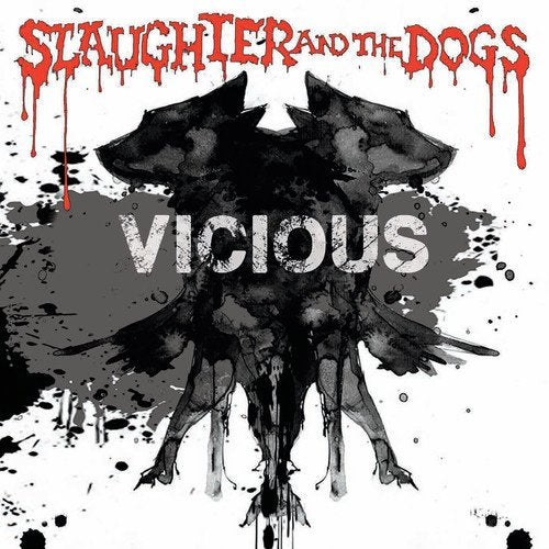 "Album cover with three black dogs and red, dripping text on a white background."