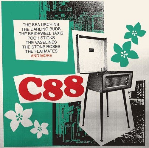 "Album cover with retro radio, flowers, and 'C88' in red on a teal background."