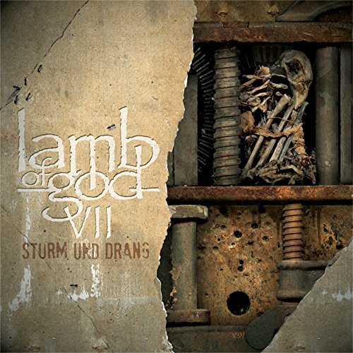 "Album cover with a skeleton in a metal press, surrounded by concrete and metal components."