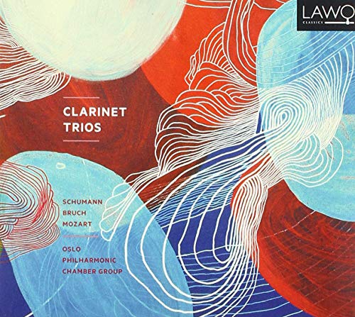 "Album cover with abstract red, blue, and white swirling shapes and white text."