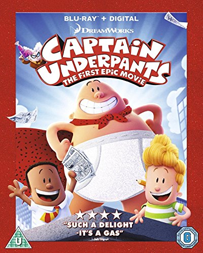 "Blu-ray cover featuring cartoon characters, including a superhero in underpants, against a city skyline."