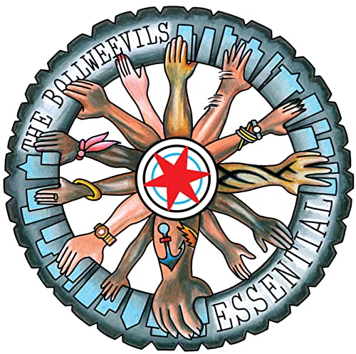 Diverse arms reach toward a central red star inside a gear-shaped city skyline border.