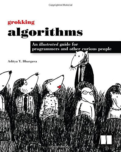 "Book cover with cartoon mole people and title 'Grokking Algorithms' in black and red text."