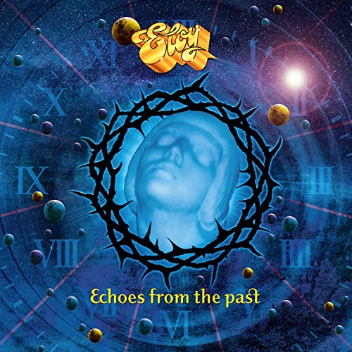 CD cover: blue face with crown of thorns, clock background, planets.