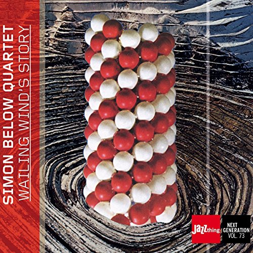 "Album cover with red and white spheres on a swirling black and white background."