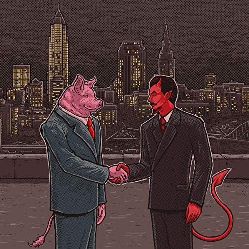Pig in a suit shakes hands with a devil in a cityscape.