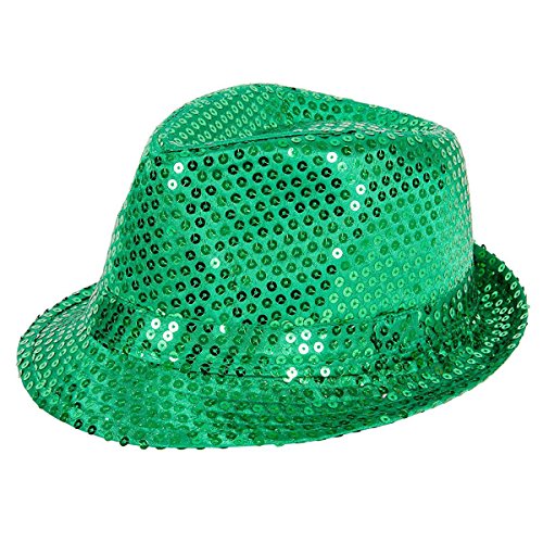 The image does not match the product title "Femme Wig (long curly) - Black". The image shows a woman wearing a green hat and bow, but the product is a black wig. A suitable alt text for the image could be: "Woman wearing a green sequined hat and matching bow."