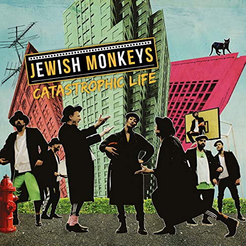 "Album cover featuring collage of men in black attire, cityscape background."