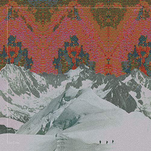 Glitch art collage of snowy mountains with distorted red and green overlay.