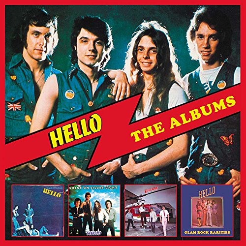 "CD cover featuring the band 'Hello' and four album covers on a red background."
