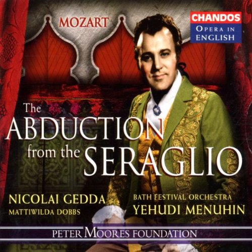 "CD cover for Mozart's 'The Abduction from the Seraglio' with red curtains and archway."