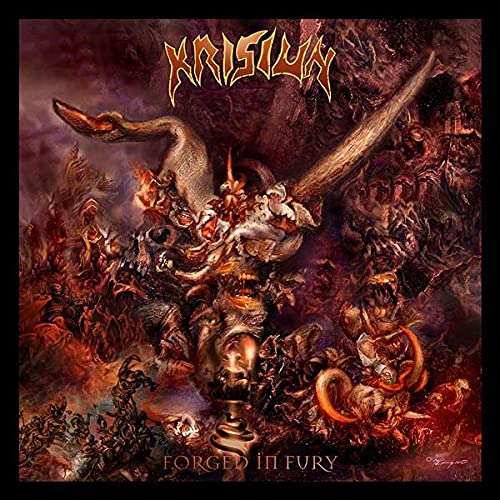 Krisiun album cover: demonic figures amidst a fiery, chaotic landscape.