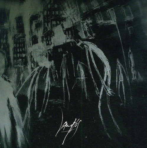 Dark, abstract painting of a city with swirling, brushstroke-like details.
