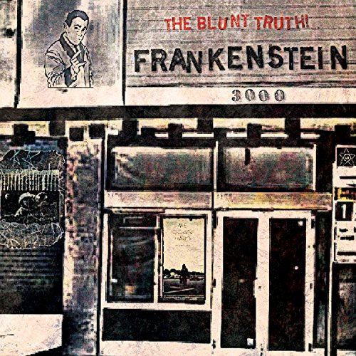 "Album cover with a grungy storefront, 'Frankenstein 3000' sign, and a sketched man."