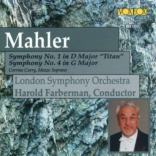 "CD cover with marble background, featuring Mahler's symphonies and conductor Harold Farberman."