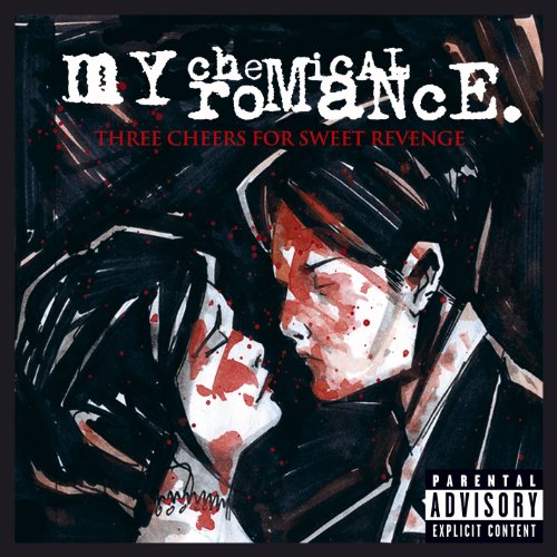 "Album cover with illustration of couple kissing, covered in blood, with 'Parental Advisory' label."