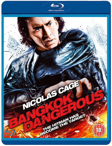 Blu-ray cover for "Bangkok Dangerous" featuring Nicolas Cage in a leather jacket.