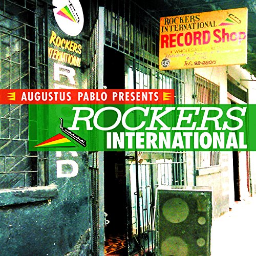 "Album cover with 'ROCKERS INTERNATIONAL' text, featuring a record shop exterior."