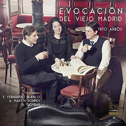 CD cover featuring three musicians at a cafe table, evoking old Madrid.