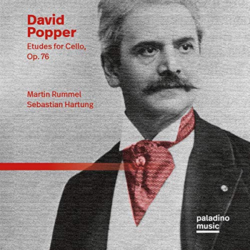 "CD cover with black and white portrait of David Popper, red text and accents."