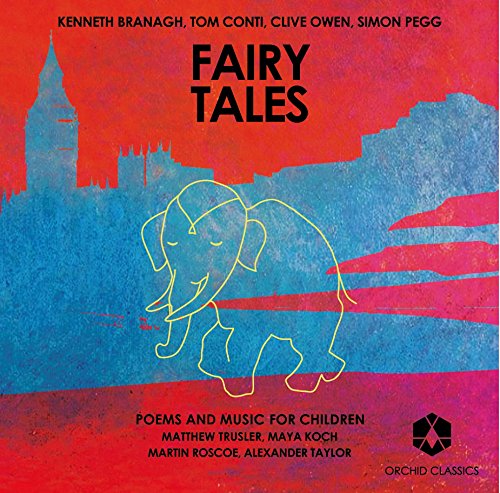"Album cover with elephant outline, blue and red background, and 'Fairy Tales' title."