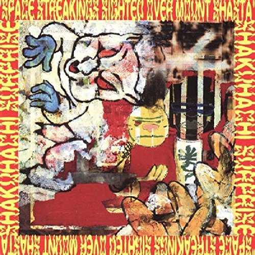 "Album cover with abstract art, red border, and yellow text."