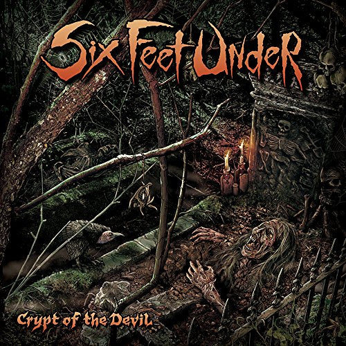 "Album cover art: dark forest scene with skeletons, tomb, and lit candles, orange text."