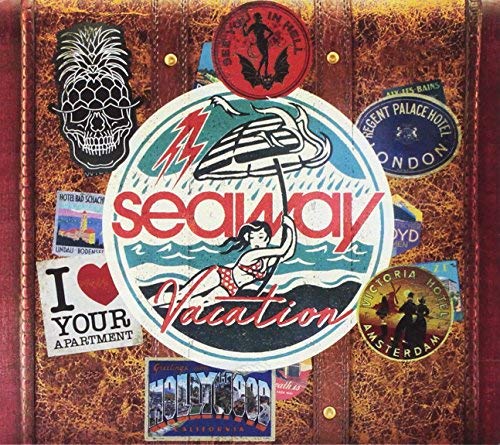 Brown vintage suitcase covered in travel stickers, including a large central Seaway Vacation decal.