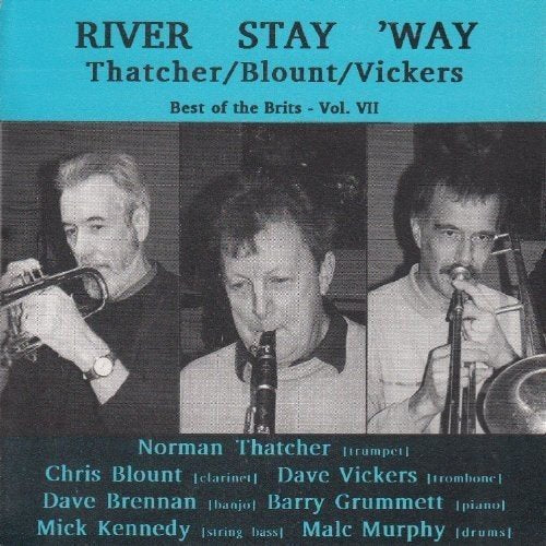 "CD cover with three black-and-white musician photos and blue text on a blue background."