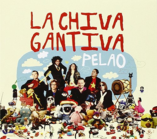 Album cover with seven musicians surrounded by toys, against a blue sky background.