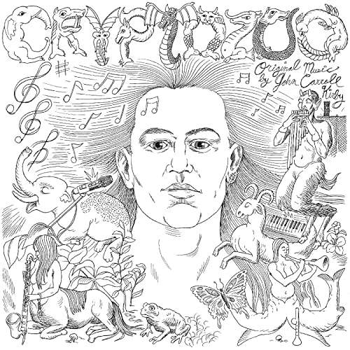Black and white illustration of a man surrounded by mythical creatures and music.