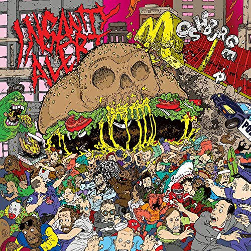 CD cover: Skull-shaped burger destroying a city, chaotic crowd scene.
