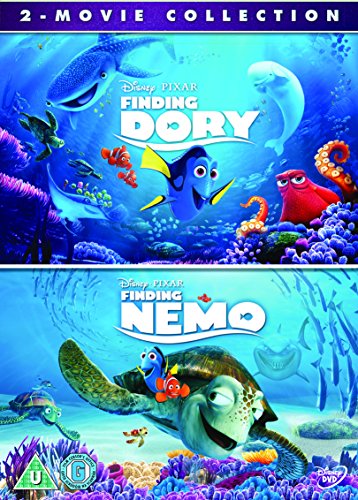 "Two stacked DVD covers featuring animated fish characters from 'Finding Dory' and 'Finding Nemo'."