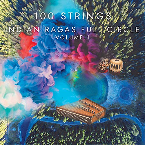 "CD cover with Indian instruments and colorful smoke on a forest background."