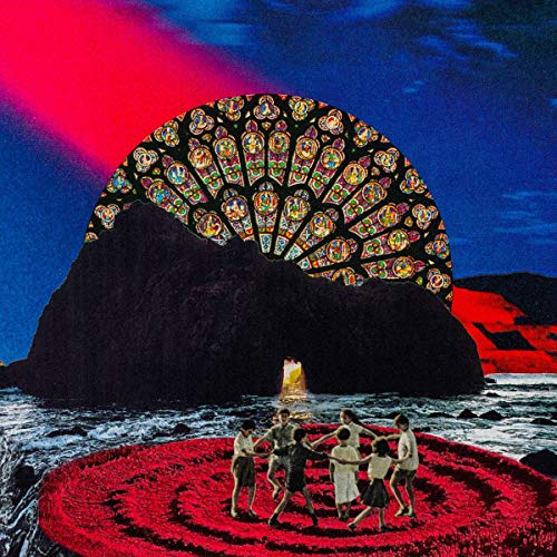 Album cover: surreal landscape with stained-glass dome and figures in a circle.